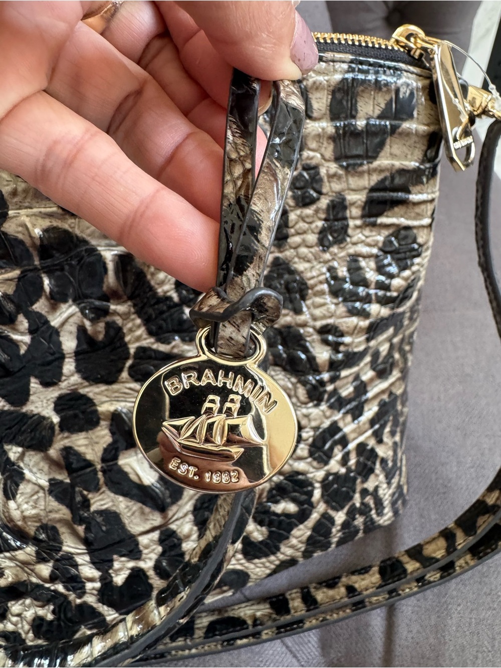 Brahmin Leopard-Print Satchel in Black and Cream - Picture 6 of 7